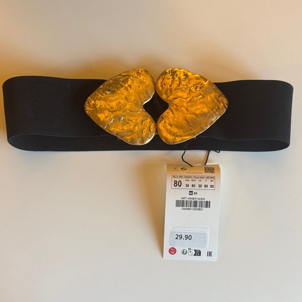Zara Black Stretch Waist Belt with Gold Heart-Style Buckle